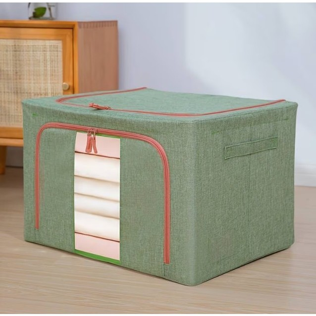 Cutie de Depozitare Pliabila, , Cu fermoar Bidirectional, 66 L, Textil, 50x40x33 cm, Cadru Metalic, o Fereastra, Suport Baza Stabil din Plastic, Verde [2]