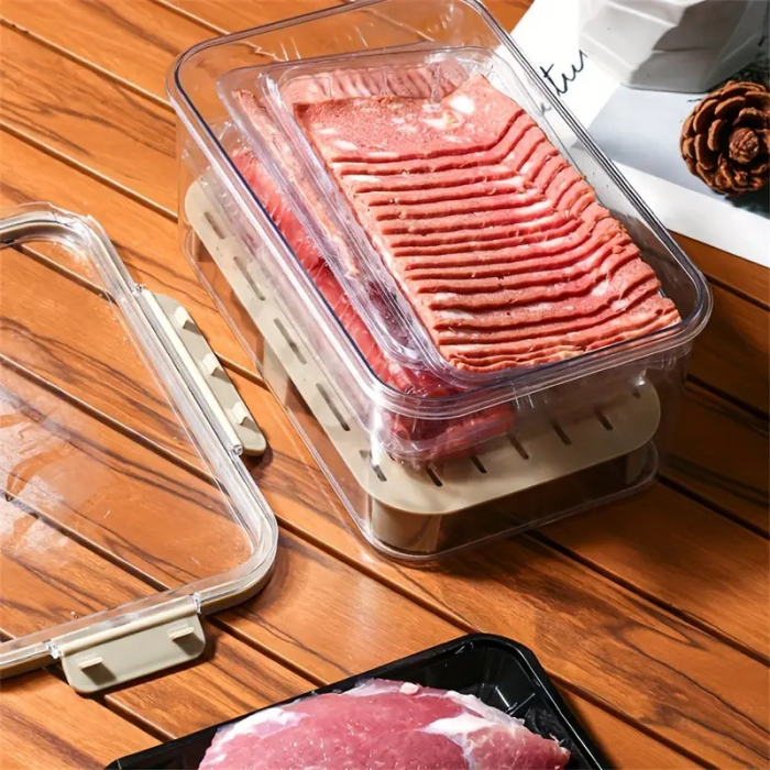 Cutie de Depozitare Portabila, , cu Separator pentru Gheata si Scurgere, Mentine Rece, Caserola Pranz, 25x16.5x11.5 cm, Crem/Transparent [4]