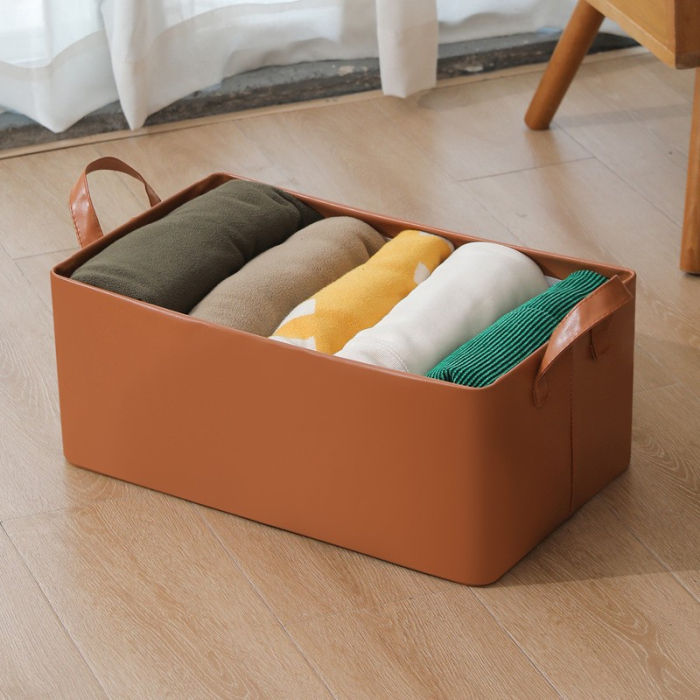 Cutie de Depozitare Tip Cos, , Material Piele Ecologica, Pliabila, 47x28x20 cm, 26 l, Cadru Metalic, cu Manere, Maro [3]