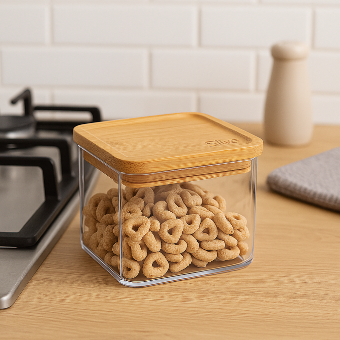 Cutie depozitare 5Five Eske patrata 0.5L, capac bambus, PS transparent [2]