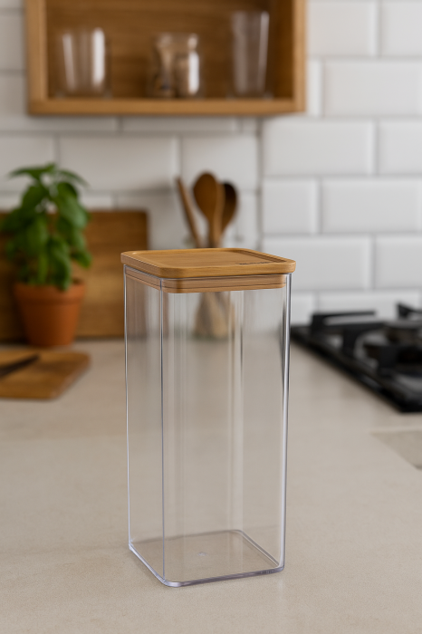 Cutie depozitare 5Five Eske patrata 1.5L, capac bambus, PS transparent [3]