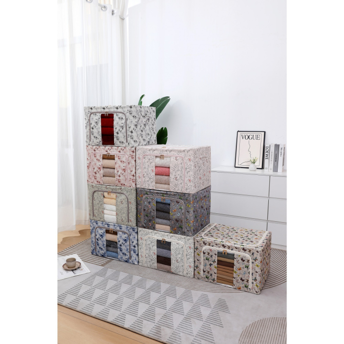 Cutie Depozitare, , 66L, din Material Textil, 50 x 40 x 33 cm, pentru Haine si Lenjerii, Model Fluturasi, Albastru [5]