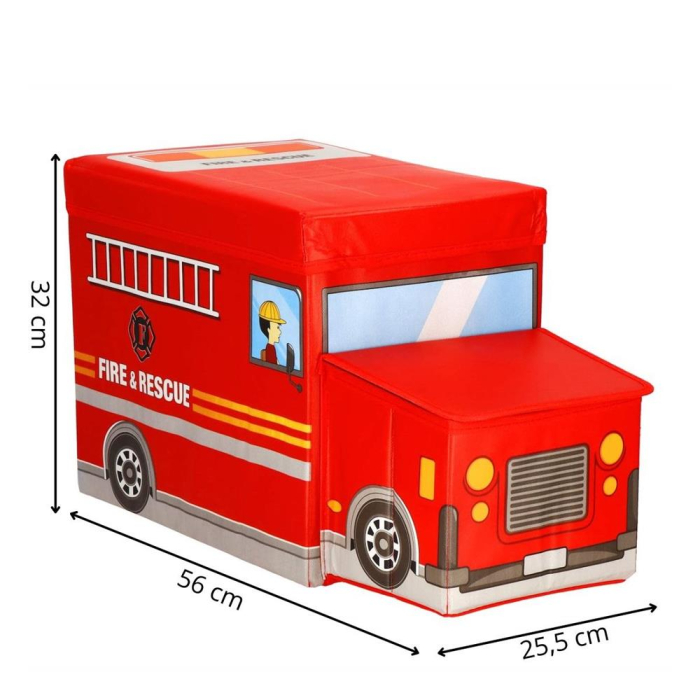 Cutie depozitare jucarii, pliabila cu capac, model masina pompieri, 32x26x56cm, alb [20]