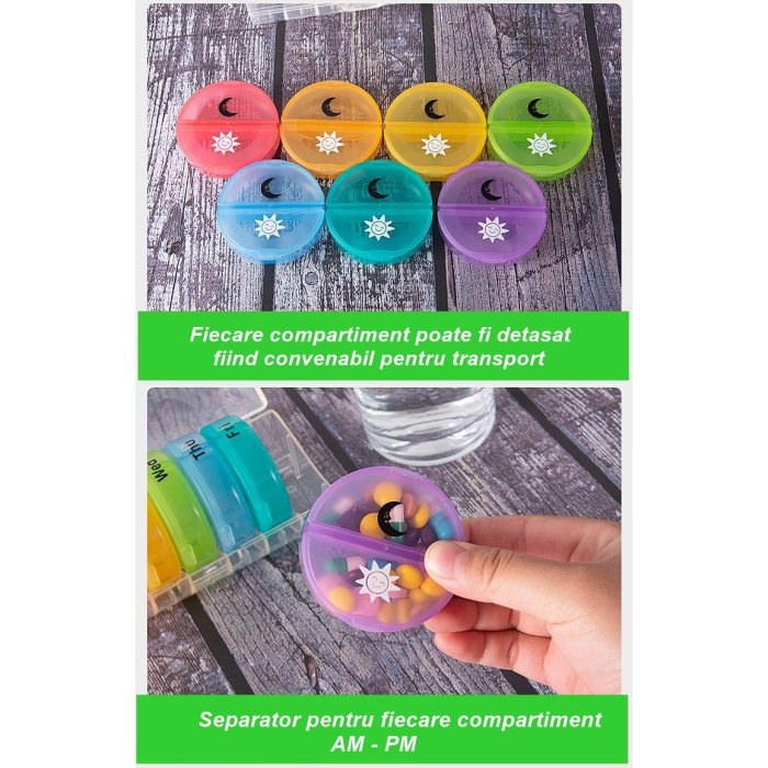 Cutie Depozitare Medicamente, , 7 Zile, 14 Compartimente, Cutie Suport, Recipiente Detasabile, Portabila, Multicolor, 17.5x11x9.5 cm [5]