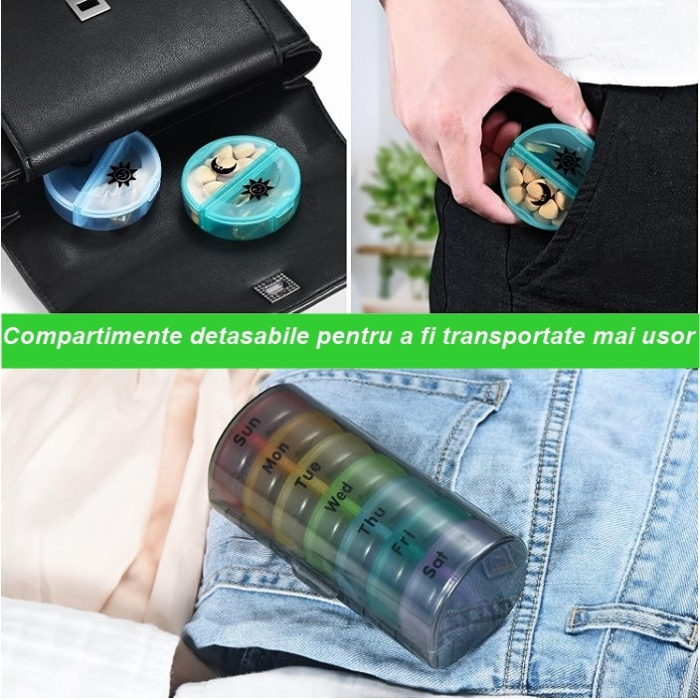 Cutie Depozitare Medicamente, , 7 Zile, 14 Compartimente, Cutie Suport, Recipiente Detasabile, Portabila, Recipiente Colorate, Suport Negru, 17.5x11x9.5 cm [2]