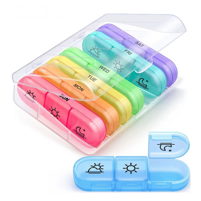 Cutie Depozitare Medicamente, , 7 Zile, 21 Compartimente, Cutie Suport, Recipiente Detasabile, Portabila, Multicolor, Cutie Transparenta, 15.6x12 cm [1]