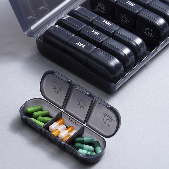 Cutie Depozitare Medicamente, , 7 Zile, 21 Compartimente, Cutie Suport, Recipiente Detasabile, Portabila, Negru, 15.6x12 cm [5]