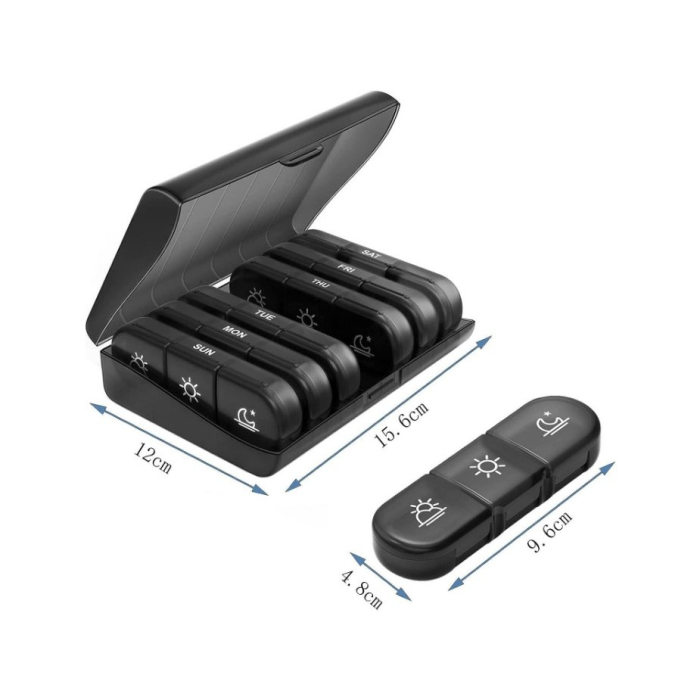 Cutie Depozitare Medicamente, , 7 Zile, 21 Compartimente, Cutie Suport, Recipiente Detasabile, Portabila, Negru, 15.6x12 cm [6]