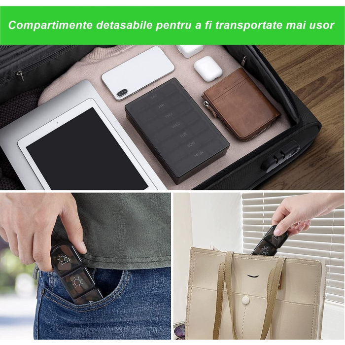 Cutie Depozitare Medicamente, , 7 Zile, 21 Compartimente, Cutie Suport, Recipiente Detasabile, Portabila, Negru, 15.6x12 cm [3]