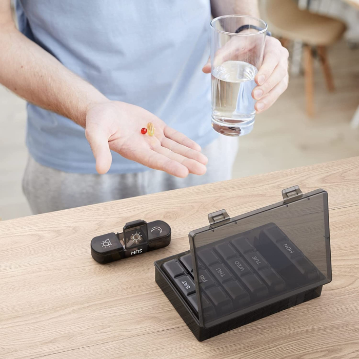 Cutie Depozitare Medicamente, , 7 Zile, 21 Compartimente, Cutie Suport, Recipiente Detasabile, Portabila, Negru, 15.6x12 cm [8]