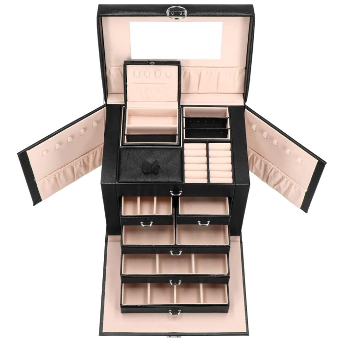 Cutie depozitare si organizare bijuterii, piele ecologica + velur, 26 x 21,5 x 19 cm, negru [17]