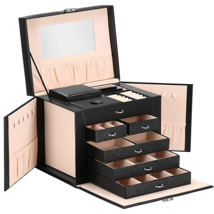 Cutie depozitare si organizare bijuterii, piele ecologica + velur, 26 x 21,5 x 19 cm, negru [14]