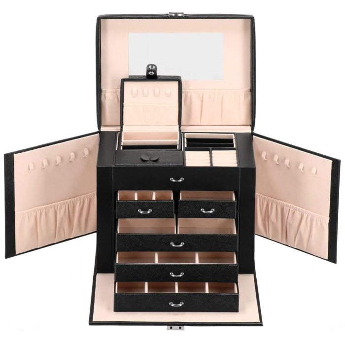 Cutie depozitare si organizare bijuterii, piele ecologica + velur, 26 x 21,5 x 19 cm, negru [16]