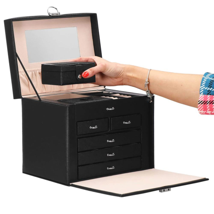 Cutie depozitare si organizare bijuterii, piele ecologica + velur, 26 x 21,5 x 19 cm, negru [30]