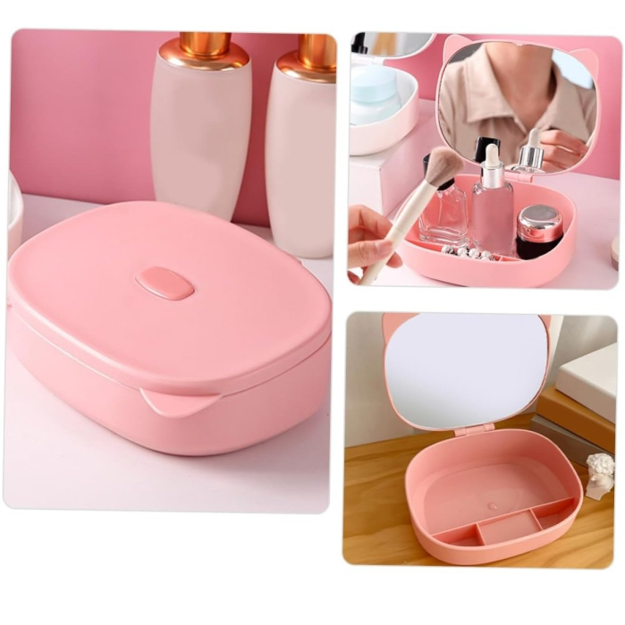 Cutie Organizatoare cu Oglinda, , 4 Compartimente, pentru Cosmetice si Accesorii, din ABS, 17x13x6 cm, Roz [5]