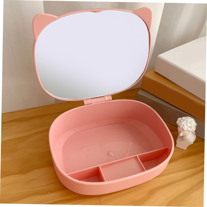 Cutie Organizatoare cu Oglinda, , 4 Compartimente, pentru Cosmetice si Accesorii, din ABS, 17x13x6 cm, Roz [2]