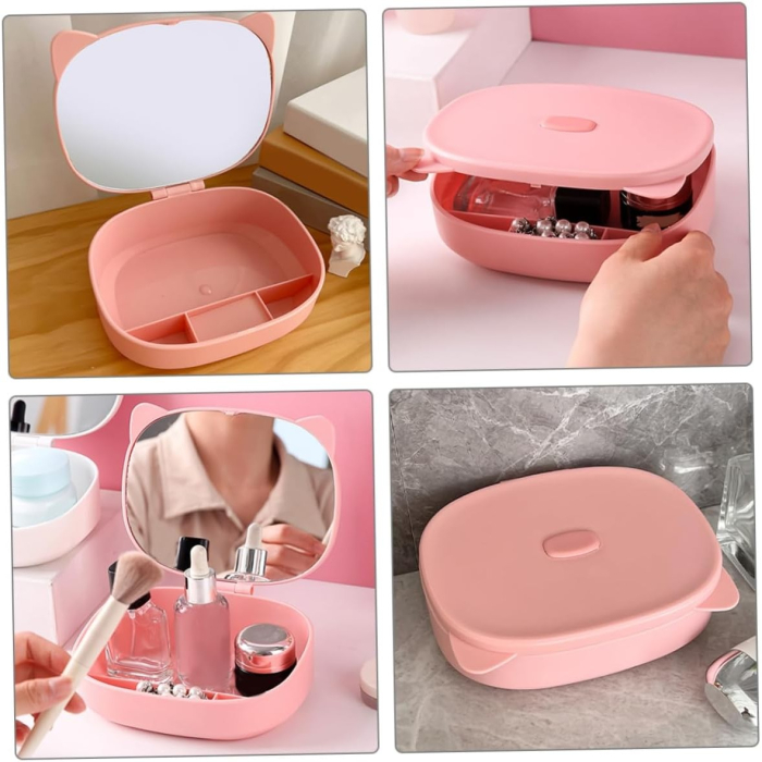 Cutie Organizatoare cu Oglinda, , 4 Compartimente, pentru Cosmetice si Accesorii, din ABS, 17x13x6 cm, Roz [3]