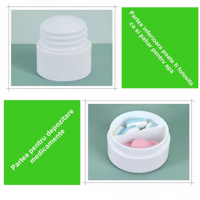 Cutie Pastile Multifunctionala, , 4 in 1, Pahar Apa, Taiere, Sfaramare, Depozitare, Compact, ABS cu Lama din Inox, Alb, 8.7x6.2x4.1 cm [3]