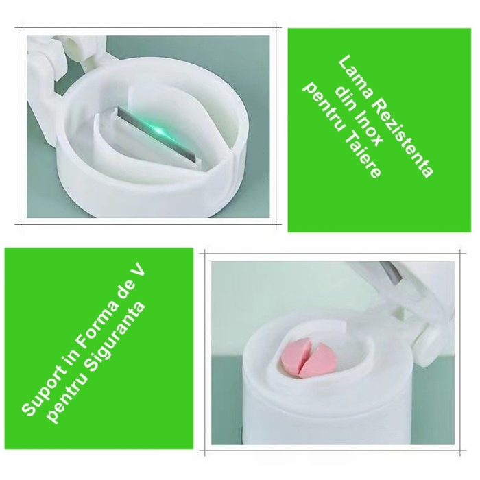 Cutie Pastile Multifunctionala, , 4 in 1, Pahar Apa, Taiere, Sfaramare, Depozitare, Compact, ABS cu Lama din Inox, Alb, 8.7x6.2x4.1 cm [2]