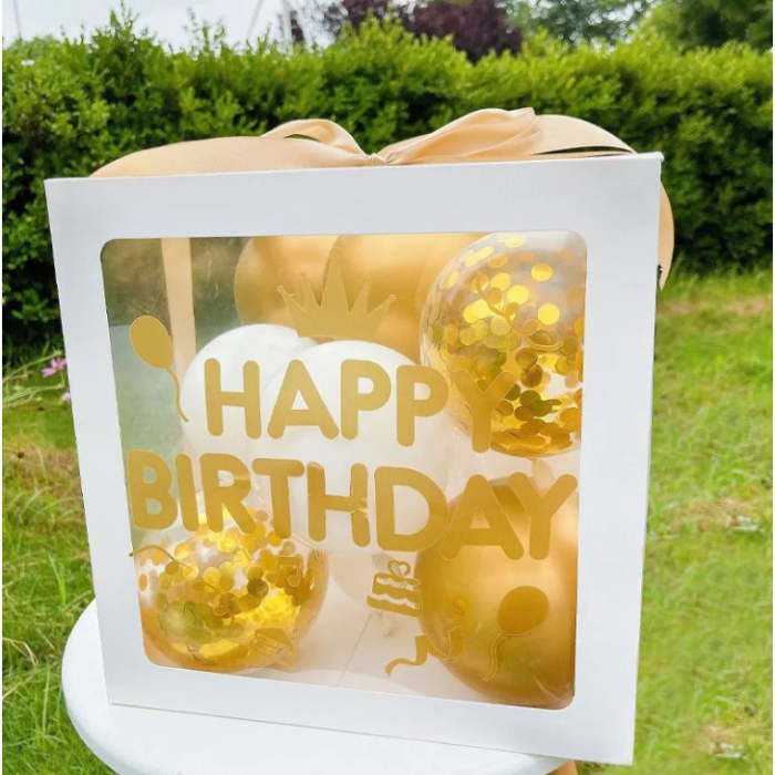 Cutie pentru Baloane, , Tematica Aniversare, Model Scris Happy Birthday, Baloane Aurii, Albe si Panglica Incluse, Contur Alb, Transparenta, 30x30 cm [2]