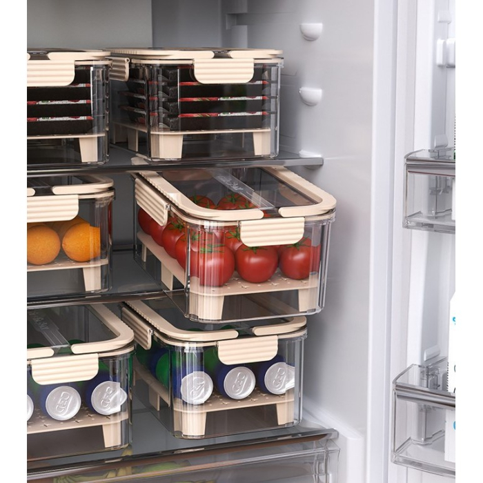 Cutie pentru Depozitare Alimente, , de Uz Casnic, 2 Compartimente, Zona pentru Gheata, Mentinere Fresh, cu Maner, Material PET, 23x15x10.8 cm, Bej [12]