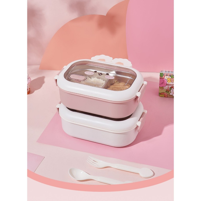 Cutie pentru Pranz sau Gustari, , cu Doua Compartimente, Model Iepuras, pentru Copii si Adulti, Etansare, PP, Perfect pentru Scoala si Birou, 1000 mL, 22x17.8x8 cm, Roz [3]
