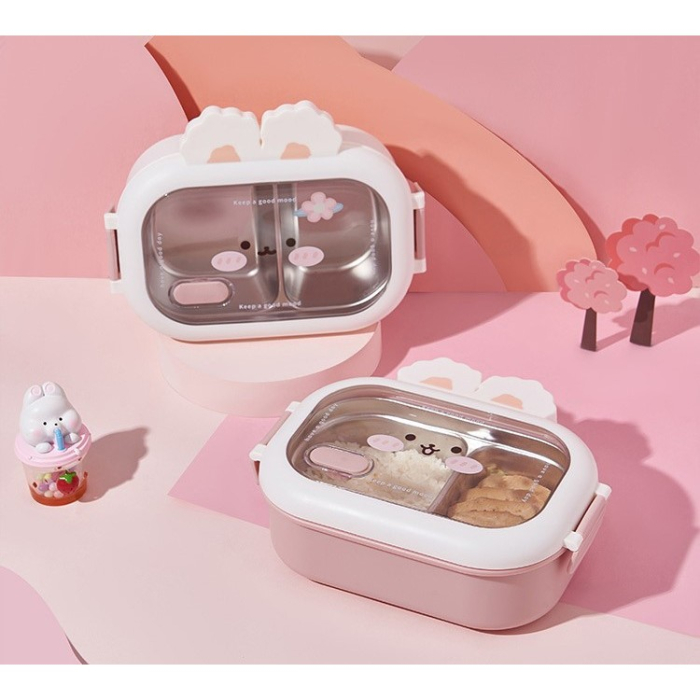 Cutie pentru Pranz sau Gustari, , cu Doua Compartimente, Model Iepuras, pentru Copii si Adulti, Etansare, PP, Perfect pentru Scoala si Birou, 1000 mL, 22x17.8x8 cm, Alb [5]