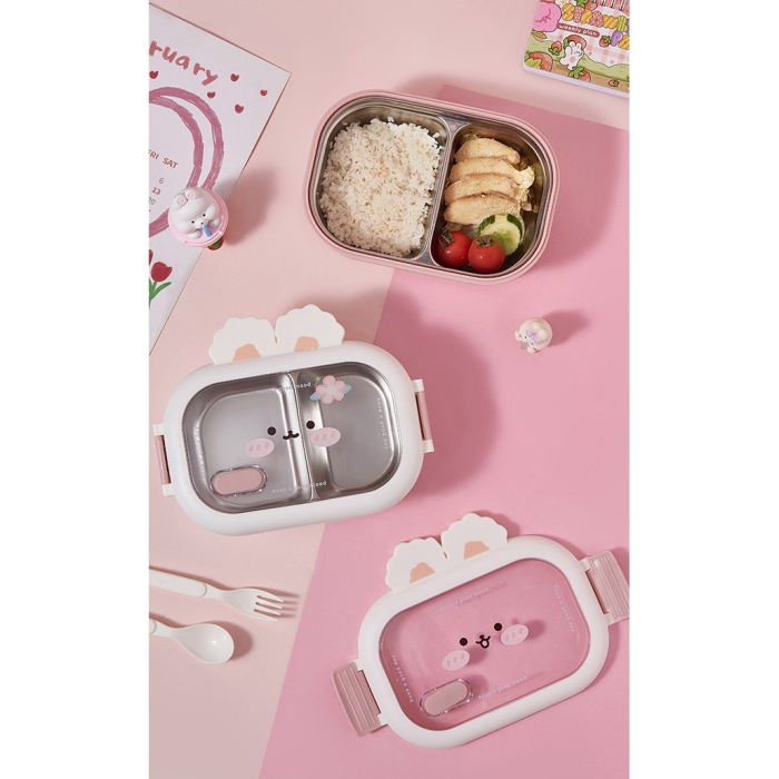 Cutie pentru Pranz sau Gustari, , cu Doua Compartimente, Model Iepuras, pentru Copii si Adulti, Etansare, PP, Perfect pentru Scoala si Birou, 1000 mL, 22x17.8x8 cm, Alb [3]