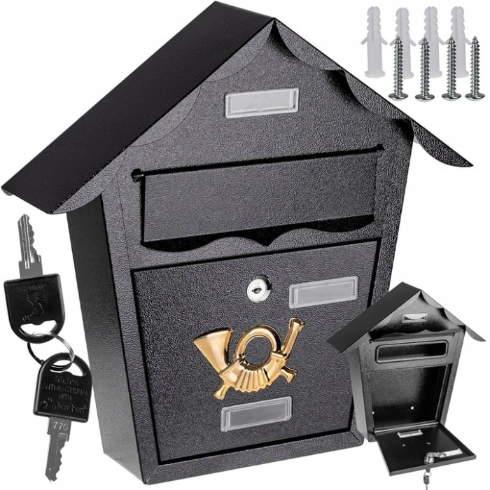 Cutie postala eleganta din metal negru, design clasic cu emblema aurie, rezistenta la intemperii, 38x38x10cm [8]