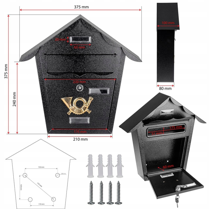 Cutie postala eleganta din metal negru, design clasic cu emblema aurie, rezistenta la intemperii, 38x38x10cm [3]