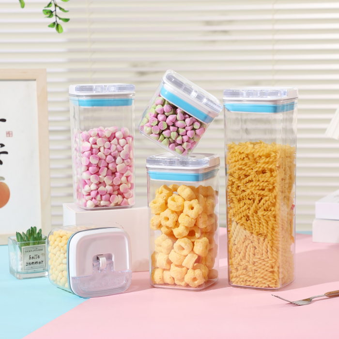 Cutii de Depozitare Alimente, , Set din 5 Cutii de tip Container, 1x0.5 l, 2x0.8 l, 1x1.2 l, 1x1.9 l, Recipiente pentru Cereale in Bucatarie, Transparente cu Capac Albastru-Alb [2]