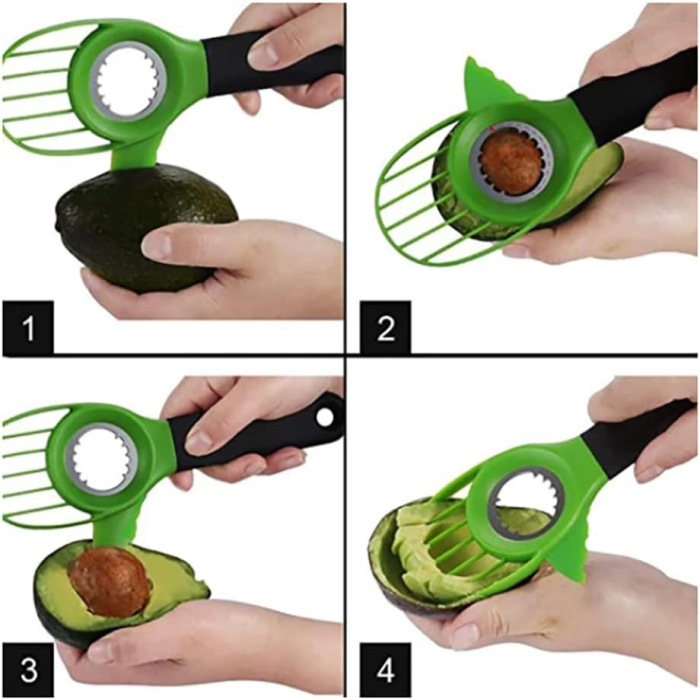 Cutit 3in1 pentru Avocado, , Cutit, Scoatere Miez si Feliator Pulpa, din PP si Otel Inoxidabil, Negru/Verde [4]