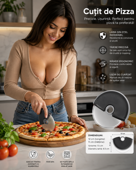 Cutit Circular pentru Pizza cu Lama din Otel Inoxidabil si Maner Antialunecare, 12 x 11 cm, ORIGINAL DEALS [9]