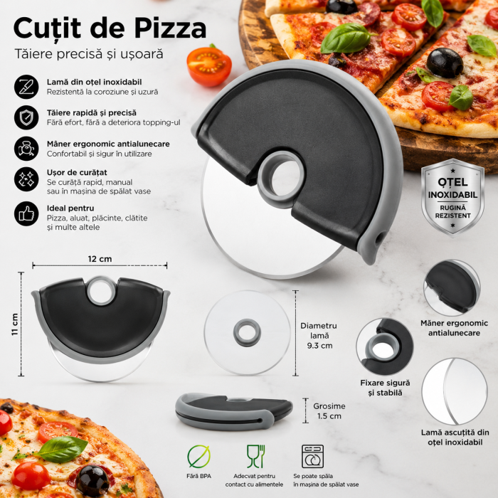 Cutit Circular pentru Pizza cu Lama din Otel Inoxidabil si Maner Antialunecare, 12 x 11 cm, ORIGINAL DEALS [12]