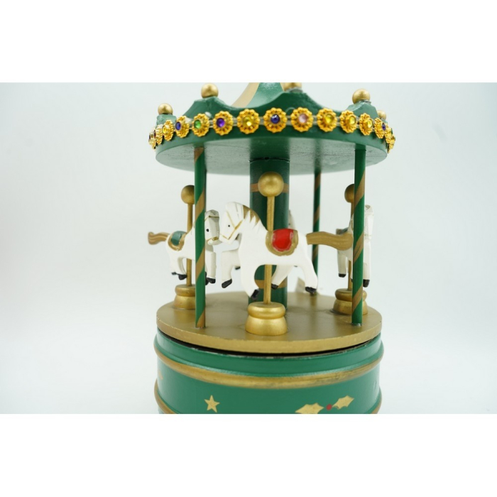 Cutiuta muzicala decorata de Craciun, Carusel rotativ, Verde, din Lemn, Interior,  [7]