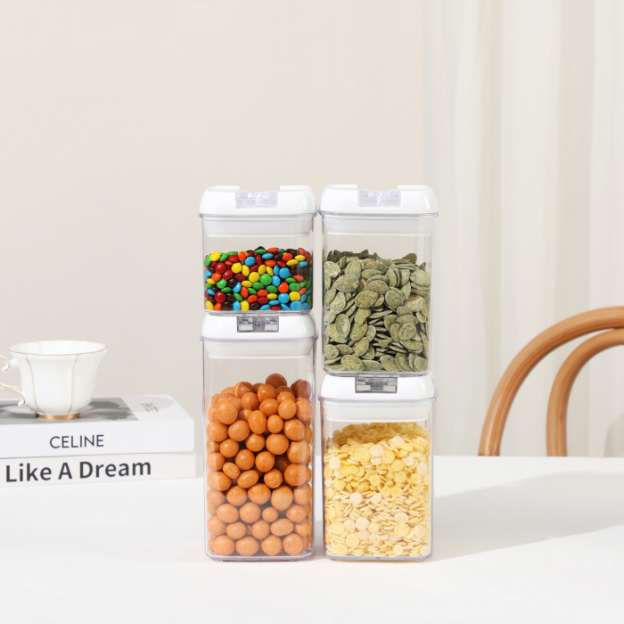 Cuutii de Depozitare Alimente, , Set din 4 Cutii pentru Condimente in Bucatarie, Cutii de tip Container, Diferite Dimensiuni, cu Capac Ermetic, din Plastic PP, Transparent [3]