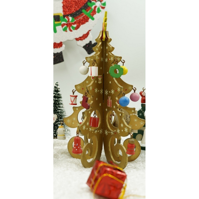 Decoratiune Craciun, Brad, Auriu, 6 cavitati cu ornamente, 12 cm x 20 cm, Lemn,  [9]