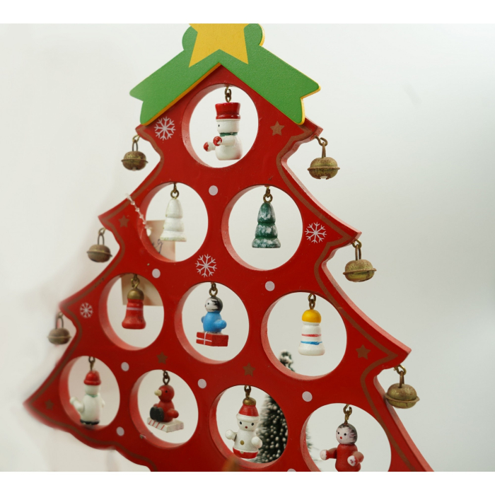 Decoratiune Craciun, Brad, Rosu, 10 cavitati cu ornamente, 20.5 cm x 28 cm, Lemn,  [3]