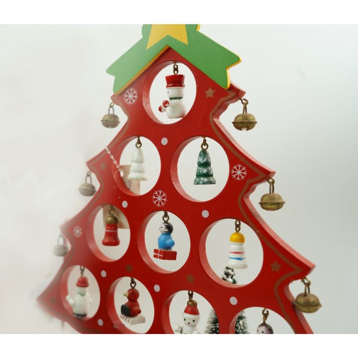 Decoratiune Craciun, Brad, Rosu, 10 cavitati cu ornamente, 20.5 cm x 28 cm, Lemn,  [4]