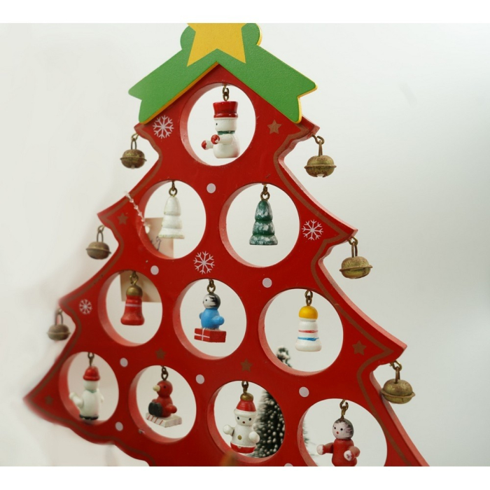 Decoratiune Craciun, Brad, Rosu, 10 cavitati cu ornamente, 20.5 cm x 28 cm, Lemn,  [7]