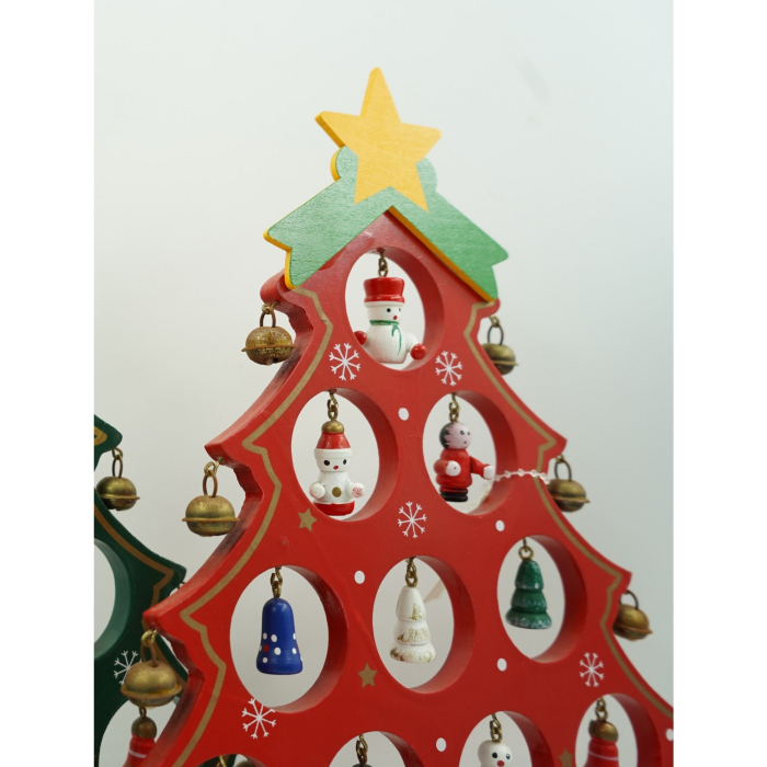 Decoratiune Craciun, Brad, Rosu, 15 cavitati cu ornamente, 25.5 cm x 33 cm, Lemn,  [4]