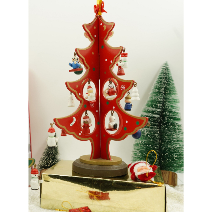 Decoratiune Craciun, Brad, Rosu, 8 cavitati cu ornamente, 18.5 cm x 25 cm, Lemn,  [5]