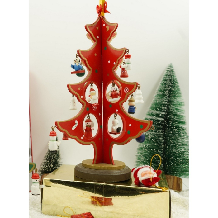 Decoratiune Craciun, Brad, Rosu, 8 cavitati cu ornamente, 18.5 cm x 25 cm, Lemn,  [10]