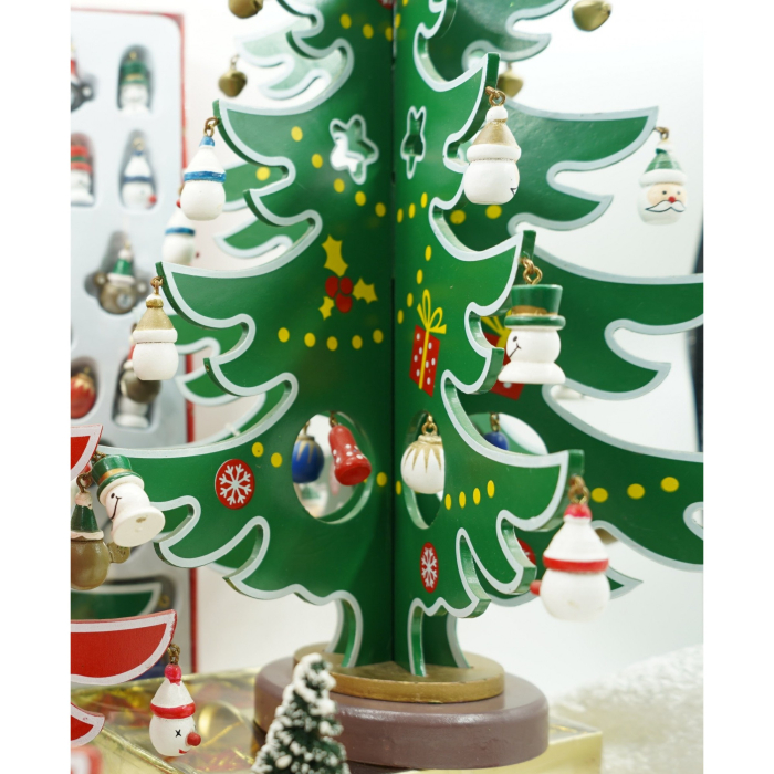 Decoratiune Craciun, Brad, Verde/Alb, 15 cavitati cu ornamente, 25.5 cm x 33 cm, Lemn,  [4]