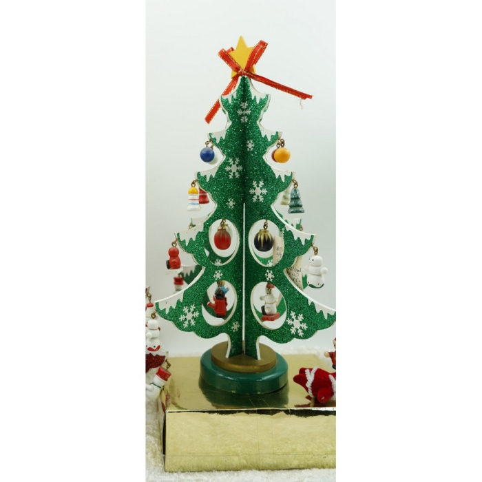 Decoratiune Craciun, Brad, Verde/Alb, 8 cavitati cu ornamente, 18.5 cm x 33 cm, Lemn,  [9]