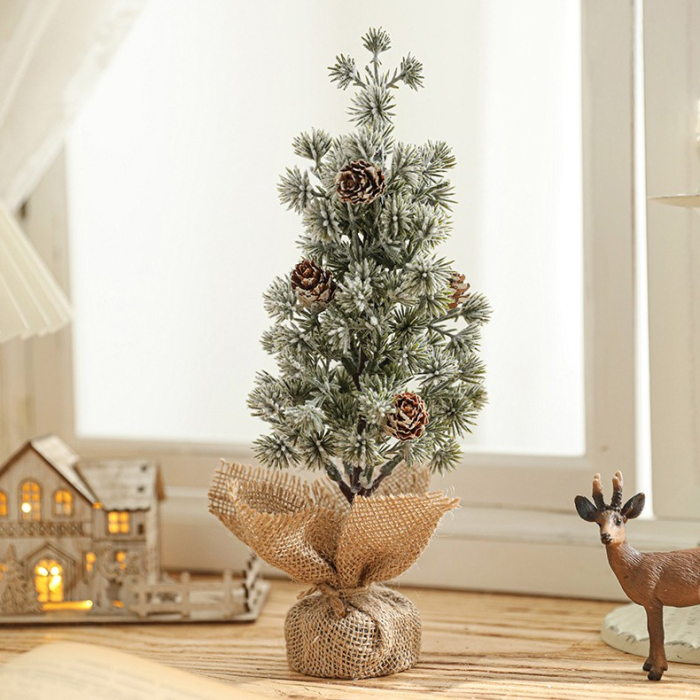 Decoratiune Craciun pentru Masa, , Ornament de Decor Model Brad de Craciun de Dimensiuni Mici cu Fulgi Albi, pentru Birou si Interior, din Plastic Calitativ 27 cm, Verde Alb [3]