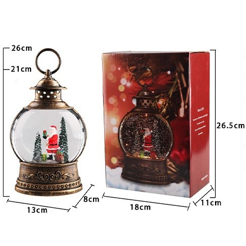 Decoratiune Craciun, Tip Felinar, Figurine Mos Craciun cu Cadouri, 3 Moduri, Functie Muzicala, Zapada in Miscare, Functioneaza Cu Baterii ( 3 x AA neincluse), Cablu USB (Inclus), Model Vintage Negru - Auriu, 13 x 8 x 21 cm, Alb Cald [5]