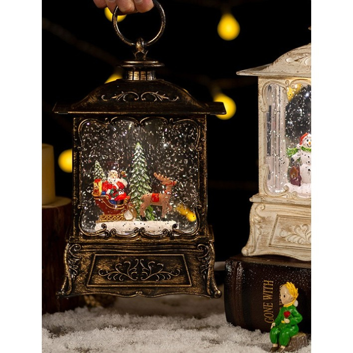 Decoratiune Craciun, Tip Felinar, Figurine Mos Craciun cu Sania, 3 Moduri, Functie Muzicala, Zapada in Miscare, Functioneaza Cu Baterii ( 3 x AA neincluse), Cablu USB (Inclus), Model Vintage Negru - Auriu, 15 x 8.1 x 22.5 cm, Alb Cald [6]