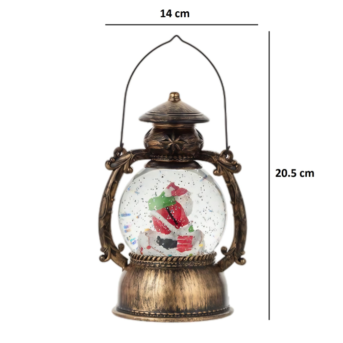 Decoratiune Craciun, Tip Felinar, Figurine Mos Craciun pe Cos, 3 Moduri, Functie Muzicala, Zapada in Miscare, Functioneaza Cu Baterii ( 3 x AA neincluse), Cablu USB (Inclus), Model Vintage Negru - Auriu, 14 x 11 x 20.5 cm, Alb Cald [2]