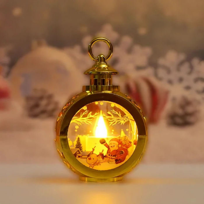 Decoratiune Craciun tip Felinare cu baterii, 13.5 x 9 cm,Lumanare cu geam si inscriptie Mos Craciun cu sanie,lumina alb cald,baterii incluse,Auriu [3]